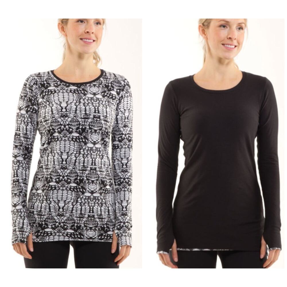 Lululemon Cabin Long Sleeve Tee II Glacier Lace Reversible Size 4/6 Black White